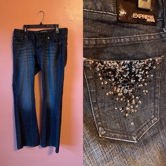 Express Ladies Denim Black Jeans Bling Sequin Pockets - Picture 1 of 16